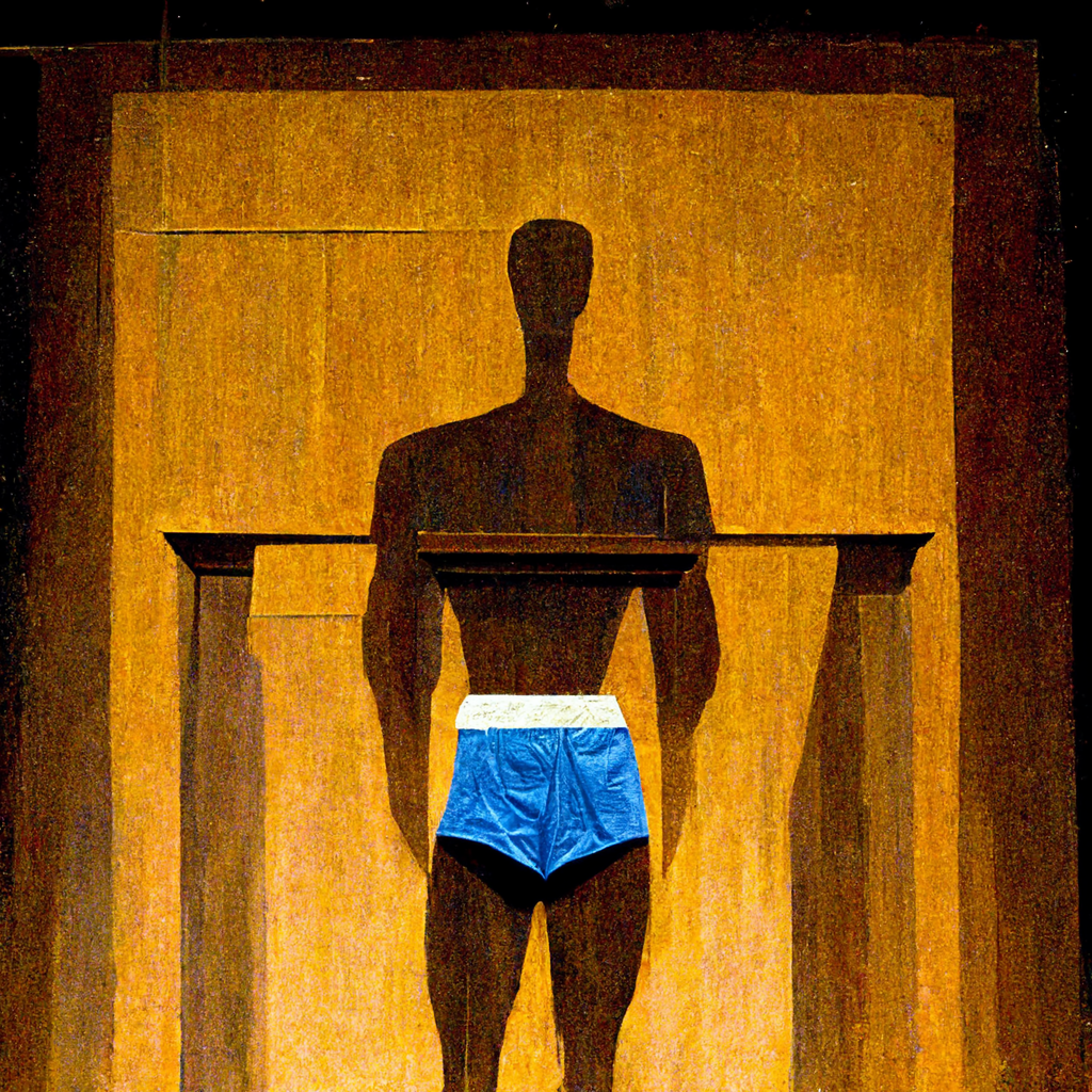 a man in blue boxers at a podium